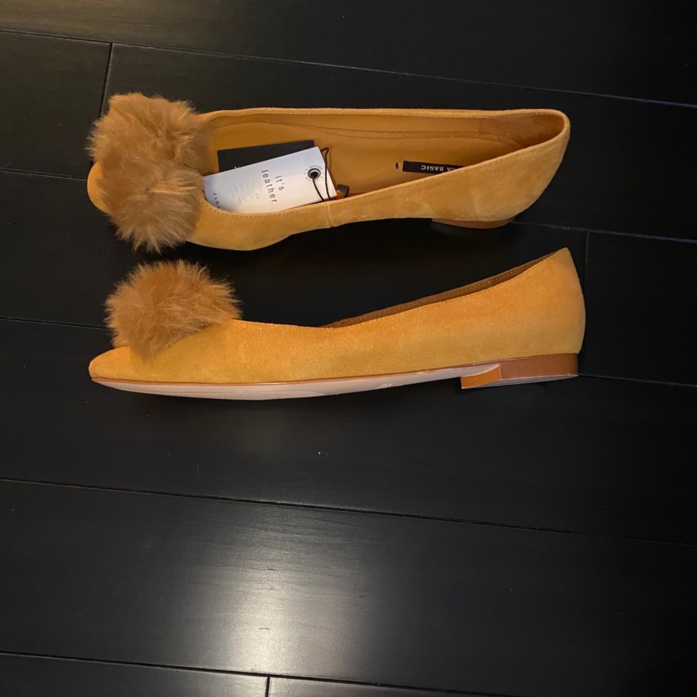 NEW ZARA Yellow Leather Flats+Faux Fur Toe sz8